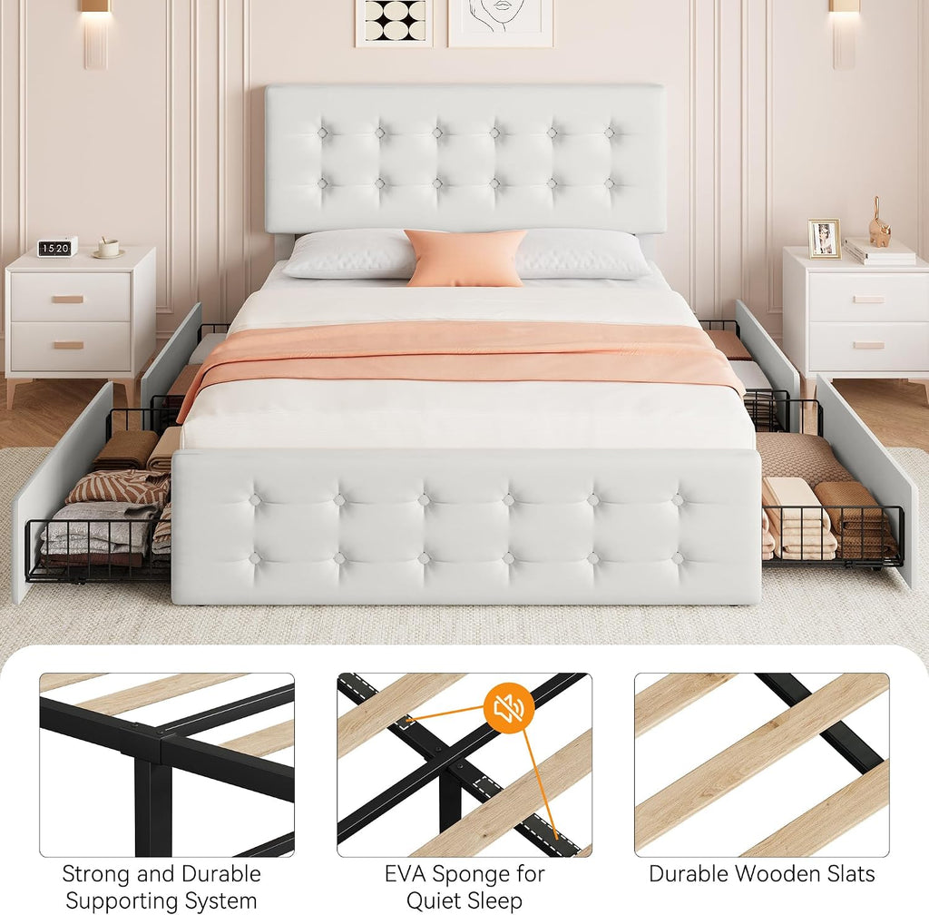 GarveeHome Full Size Bed Frame with 4 Storage Drawers and Headboard, Faux Leather Upholstered Platform Bed Frame with Wooden Slats Support, Button Tufted Design, No Box Spring Needed, Beige