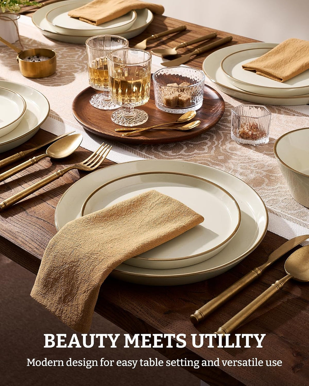 Famiware Saturn Stoneware Dinnerware Sets for 8 (24 Pieces), Ceramic Plates and Bowls Dish Sets with Hand-Painted Trim - Chip & Scratch Resistant, Microwave & Dishwasher Safe Tableware, Vanilla White