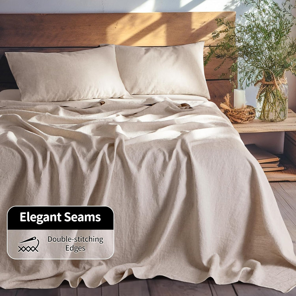 LBRO2M 100% Pure Linen Sheet Set Deep Pocket Up to 16' Bed Sheets Sets, Natural Flax Beddings Soft, Breathable, Comfortable for All Seasons 4 Pcs Sheet Set Queen Size, Linen