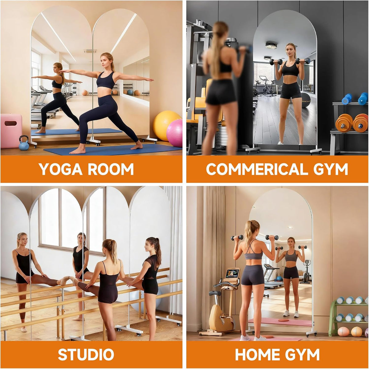 Hasipu 65' x 22' Arched Rolling Home Gym Mirror with Wheels, 360° Swivel Body Mirror with HD Tempered Glass, Large Floor Mirror for Yoga Room, Dance Studio, Bedroom & Home Gym