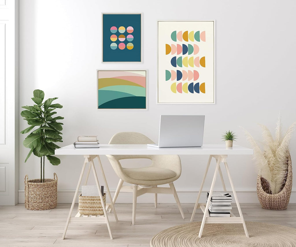 Kate and Laurel Sylvie Simple Shapes in Soft Colors Framed Canvas Wall Art Set by Apricot and Birch; Set of 3; White Frames; Modern Abstract Colorful Art for Wall