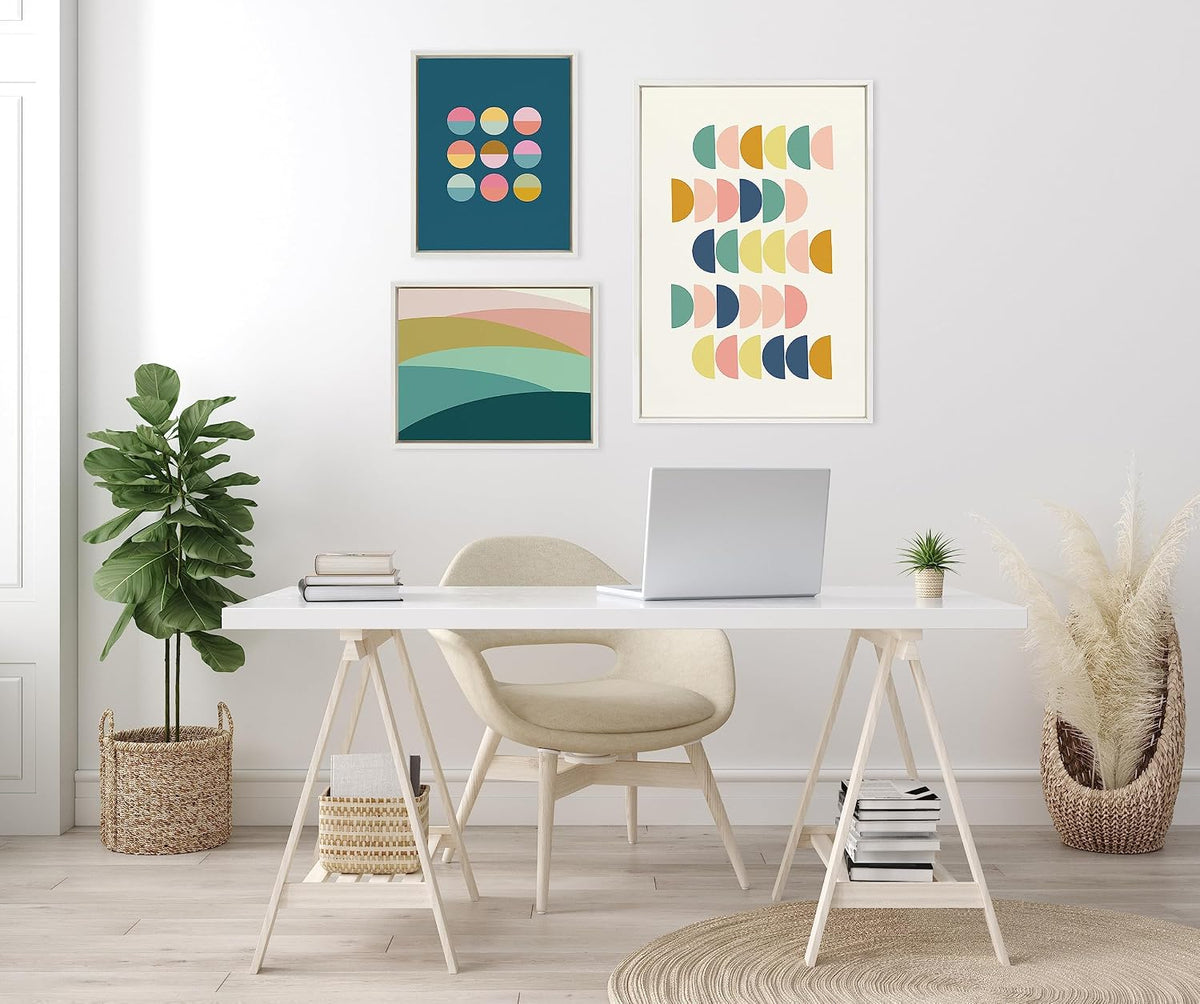 Kate and Laurel Sylvie Simple Shapes in Soft Colors Framed Canvas Wall Art Set by Apricot and Birch; Set of 3; White Frames; Modern Abstract Colorful Art for Wall