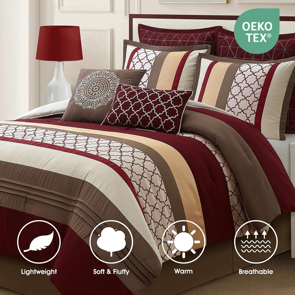 LANCO MODERN LIFESTYLE California King Comforter Set, Berry Taupe Bedding Set, Jacquard Woven with Embroidery, 8 Pieces Bed in a Bag, Bed Skirt, Shams and Decorative Pillows