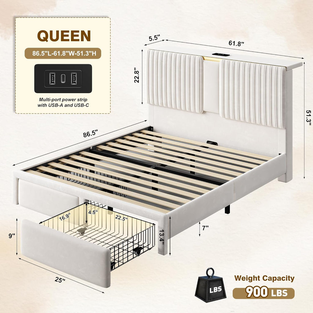 Homkdom Queen Bed Frame with 2 Drawers and 51.3''Tall Headboard, Velvet Platform Storage Bedframe with 3 Charging Ports and Wooden Slats Support, No Box Spring Needed, Beige