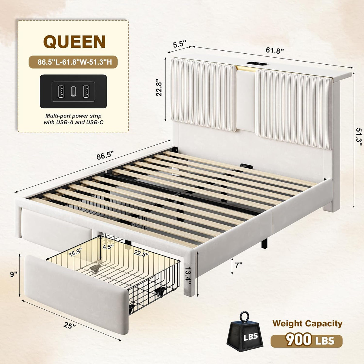 Homkdom Queen Bed Frame with 2 Drawers and 51.3''Tall Headboard, Velvet Platform Storage Bedframe with 3 Charging Ports and Wooden Slats Support, No Box Spring Needed, Beige