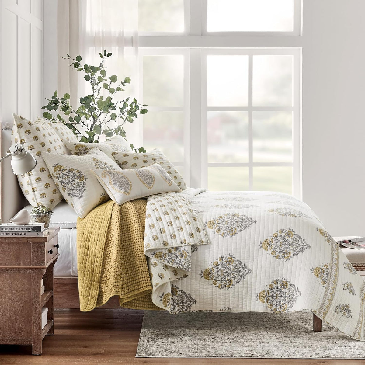 Levtex Home - Kamira Ochre Quilt Set - King Quilt and Two King Shams - Bordered Floral - Ochre, Grey and Cream - Quilt (106x92in.) and Shams (20x36in.) - Reversible - Cotton