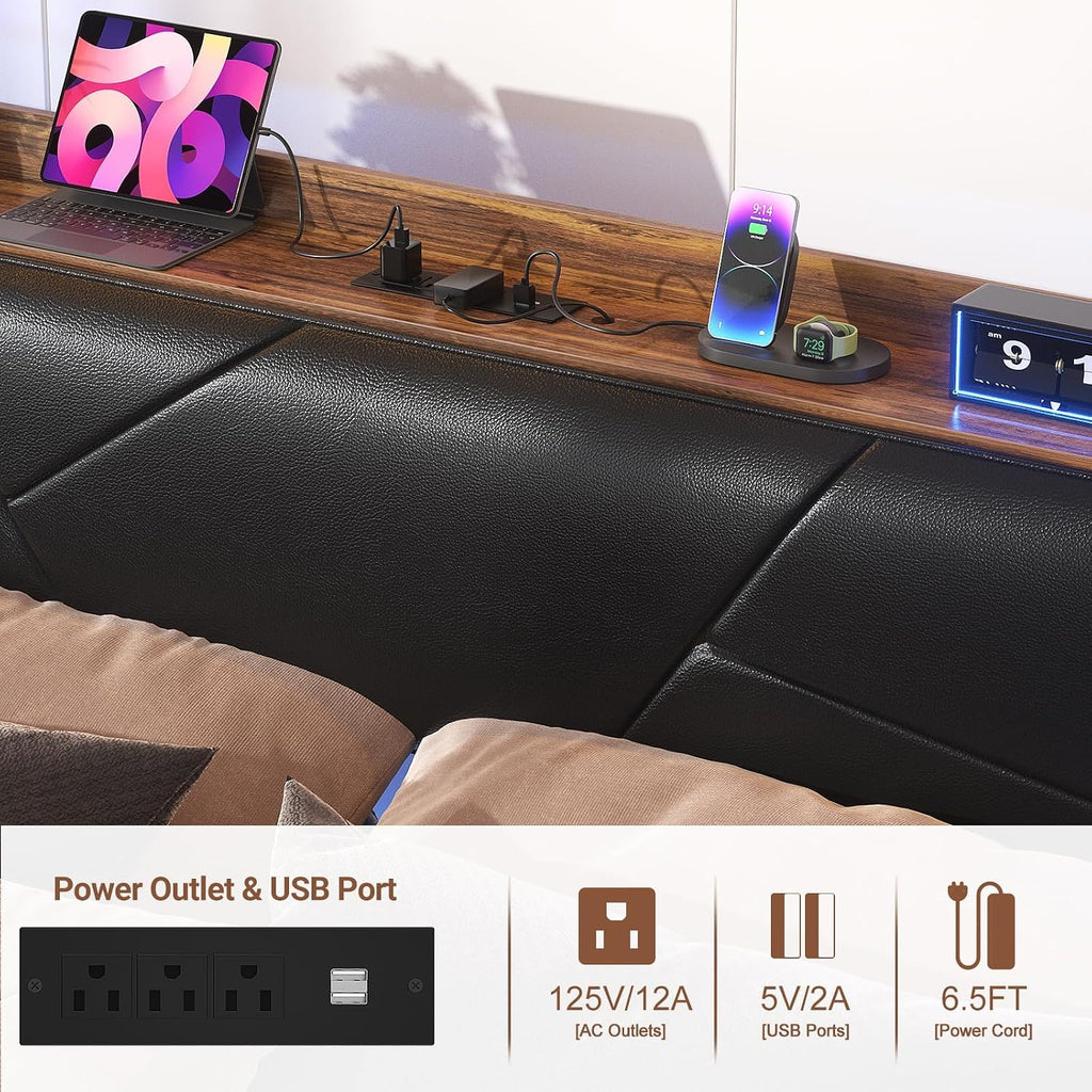 Unikito Cool Queen Size Bed Frame with RGB LED Lights and Power Outlets, Sturdy Platform Bed with Storage Upholstered Headboard, Strong Metal Slats, No Box Spring Needed, Easy Assembly, Vintage