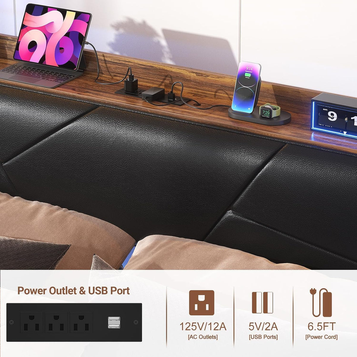 Unikito Cool Queen Size Bed Frame with RGB LED Lights and Power Outlets, Sturdy Platform Bed with Storage Upholstered Headboard, Strong Metal Slats, No Box Spring Needed, Easy Assembly, Vintage