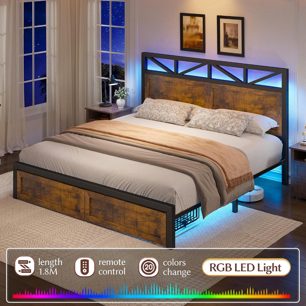 EnHomee Full Size Bed Frame with Headboard, 2 Large Drawers Platform Bed with LED Lights and Built-in Charging Station, No Box Spring Needed, Noise-Free Metal Bed for Bedroom, Brown