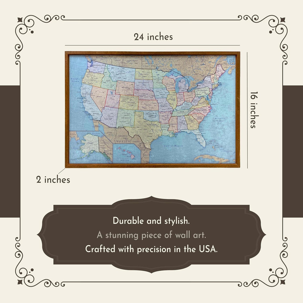 Wall Things Co. Large USA Push Pin Travel Map and Picture Frame, Mark Places Traveled, United States Magnetic Metal Poster, Political Antique Color, 24x16 Inches