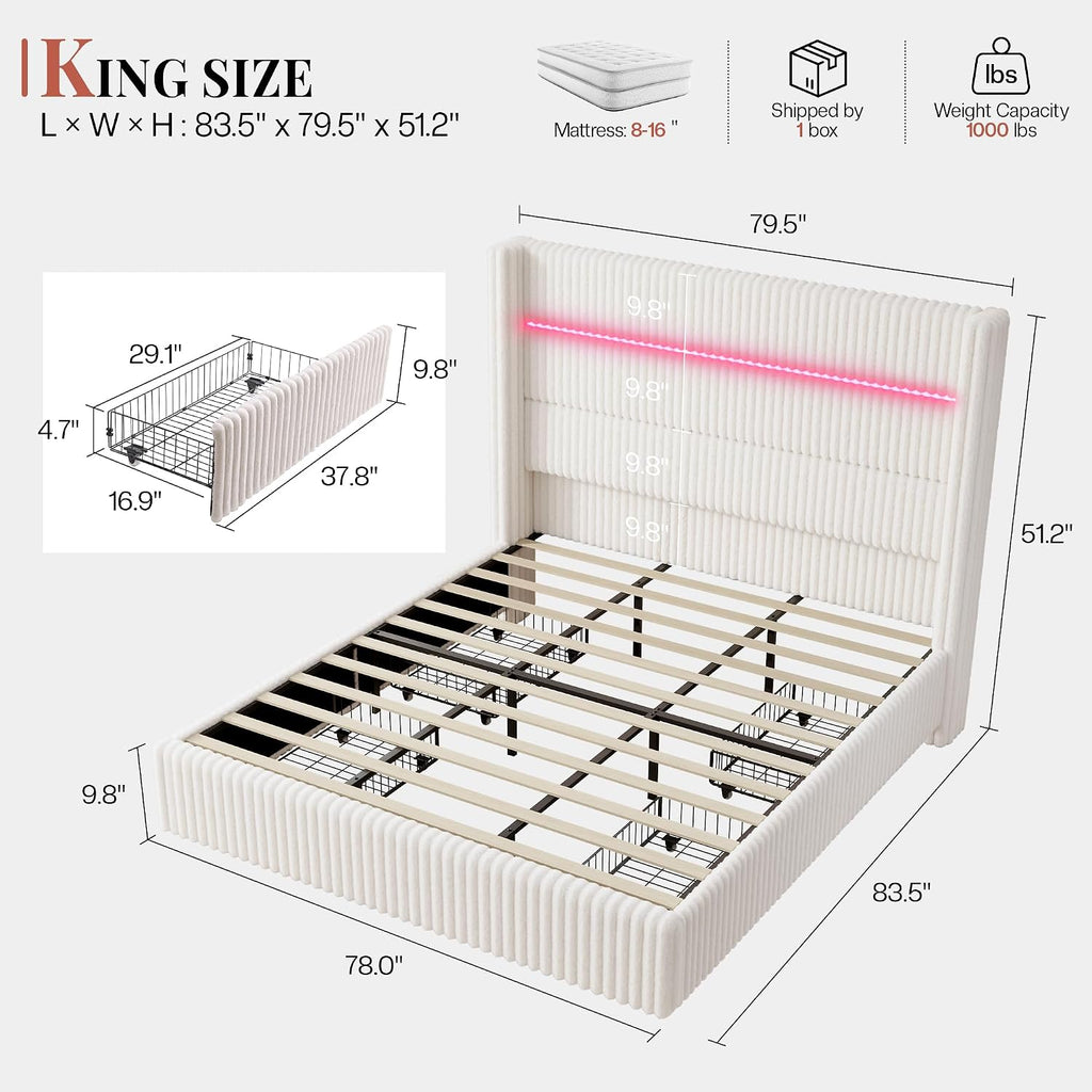 Jocisland King Size Corduroy Upholstered Bed Frame with 4 Storage Drawers & 51.2' Tall Wingback Headboard, LED Platform Bed with Charging Station, Easy Assembly, No Box Spring Needed, White