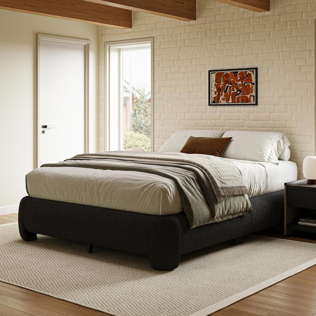 Cloud Platform Bed Frame Queen Size, Soft Boucle Bed Frame with Round Corner, Upholstered Queen Bed Frame with Heavy Duty Wood Slat, No Box Spring Needed, Easy Assembly, Black