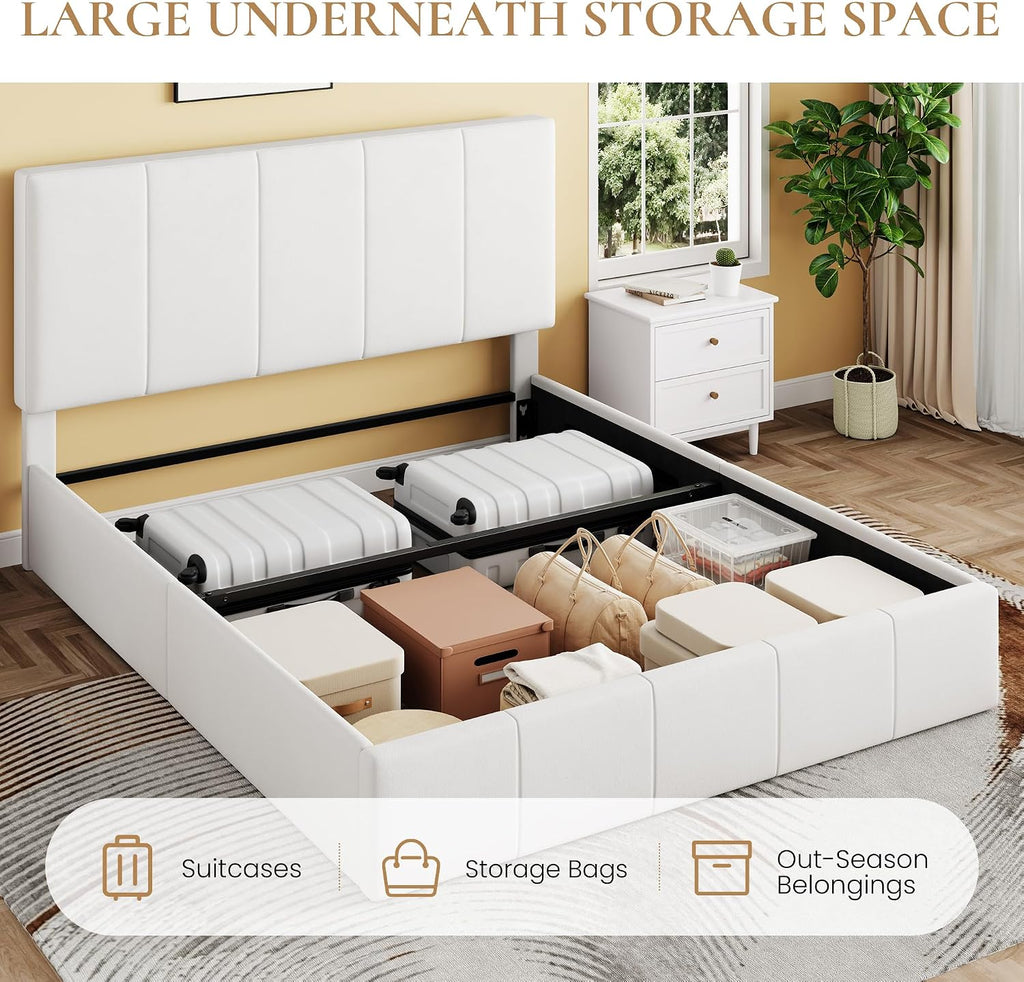 SHA CERLIN Full Size Lift Up Storage Bed Frame, Adjustable Headboard, Hydraulic Support, Velvet Upholstered, Easy Installation, No Box Spring Needed, White