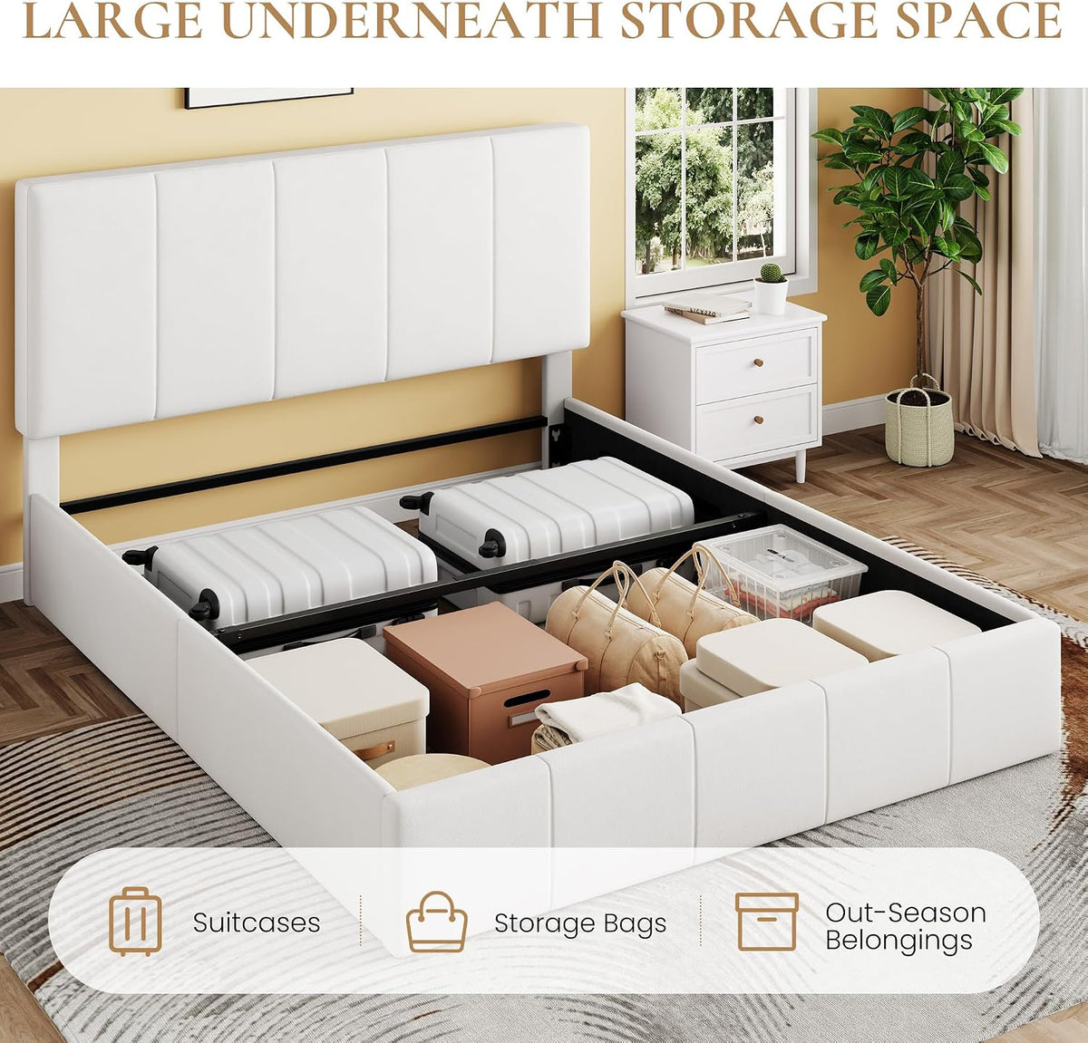 SHA CERLIN Full Size Lift Up Storage Bed Frame, Adjustable Headboard, Hydraulic Support, Velvet Upholstered, Easy Installation, No Box Spring Needed, White