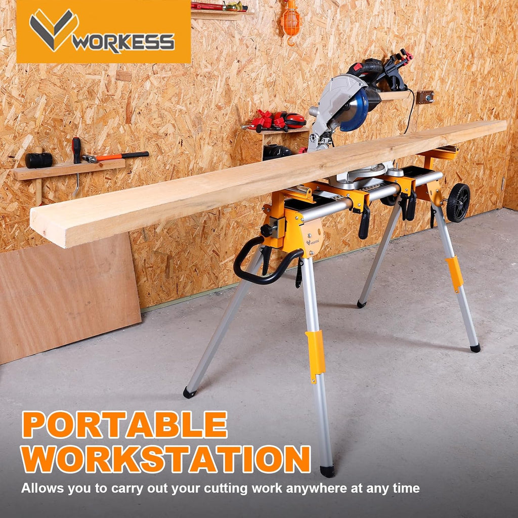 WORKESS Portable Miter Saw Stand with 6.75 in Wheels 330 lbs Load Capacity Heavy Duty Universal Mitre Saw Stand Tool Storage Trays WK-MS080