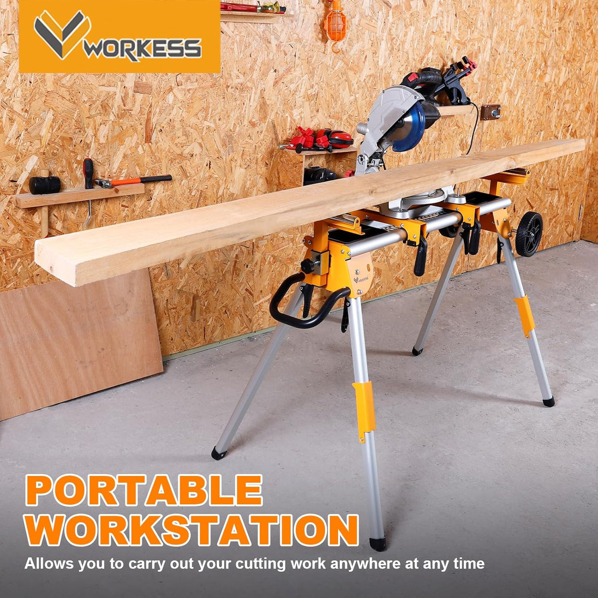 WORKESS Portable Miter Saw Stand with 6.75 in Wheels 330 lbs Load Capacity Heavy Duty Universal Mitre Saw Stand Tool Storage Trays WK-MS080