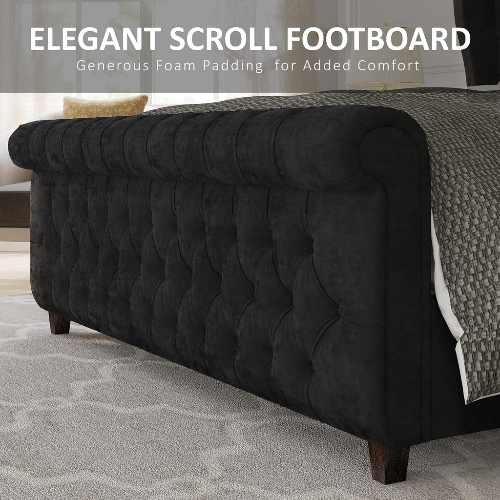 AMERLIFE Queen Size Platform Bed Frame, Velvet Upholstered Sleigh Bed with Scroll Wingback Headboard Footboard/Button Tufted/No Box Spring Required/Easy Assembly/Black