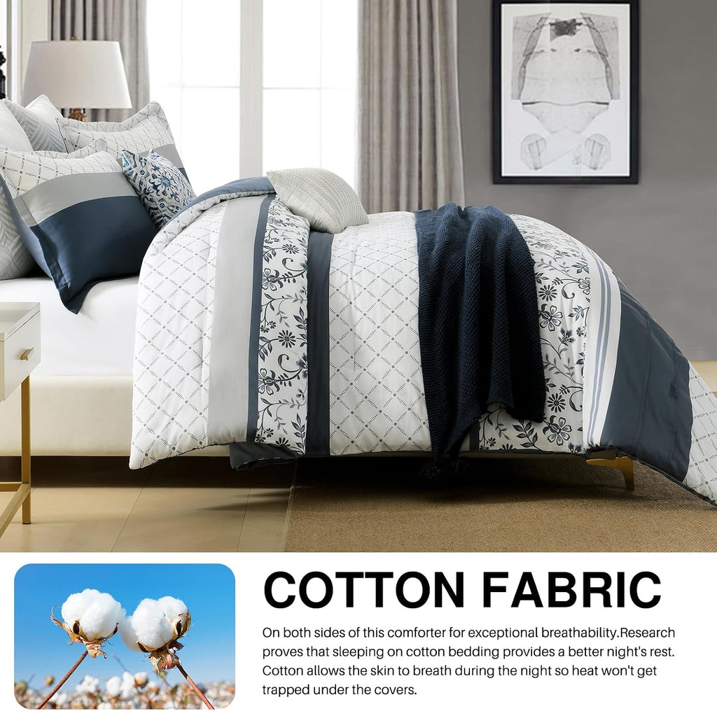 DDUOXIN Blue Queen Size Comforter Set - Boho Navy Striped Comforter Bedding Set, Floral Pattern Soft Duvet Insert, Reversible Skin Friendly Comforters with 2 Pillowshams, Blue/White