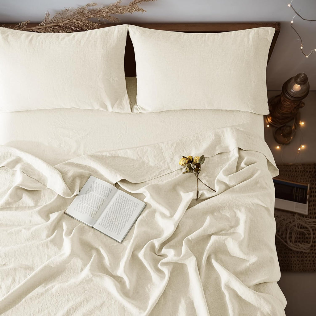LBRO2M 100% Pure Linen Sheet Set Deep Pocket Up to 16' Bed Sheets Sets, Natural Flax Beddings Soft, Breathable, Comfortable for All Seasons 4 Pcs Sheet Set Queen Size, Beige
