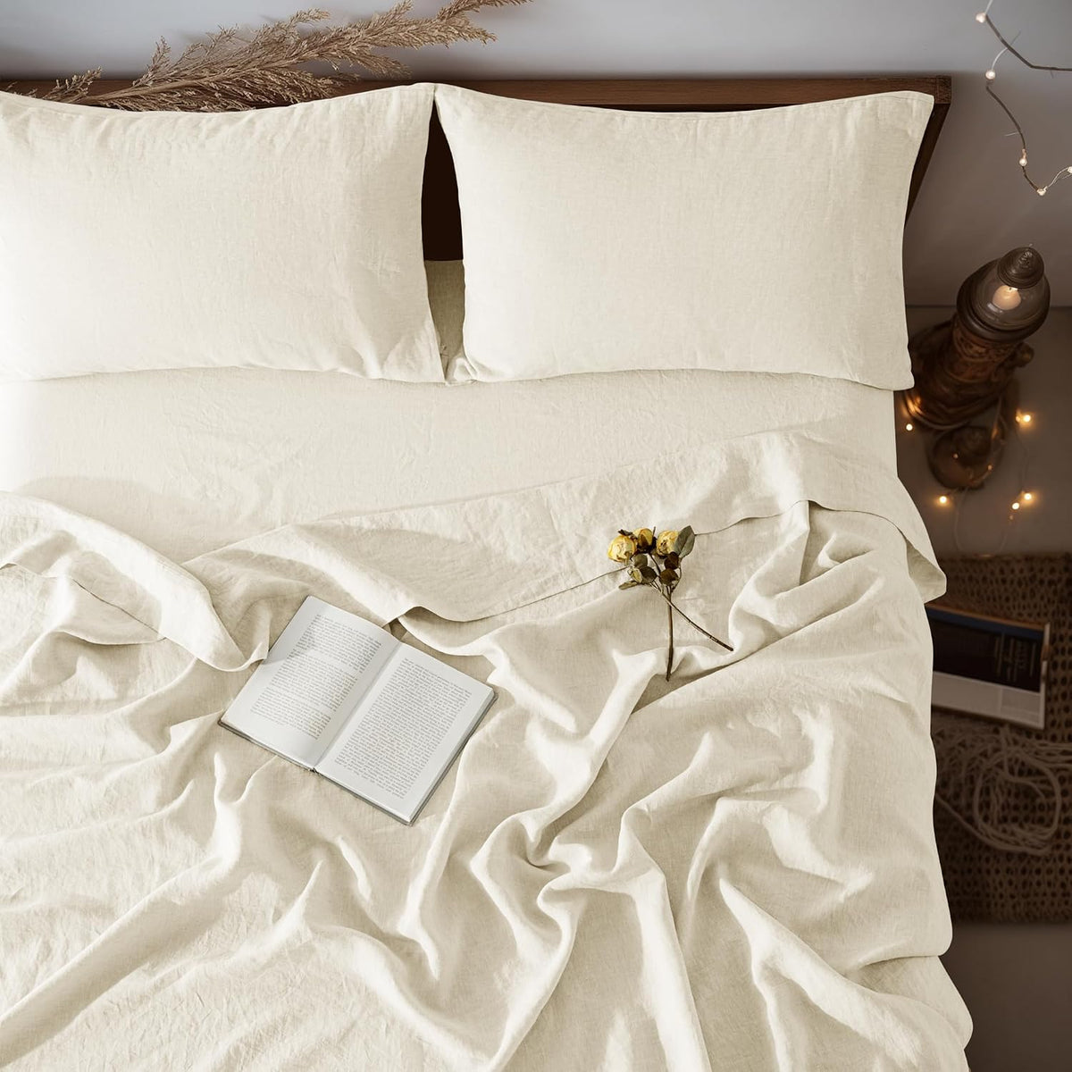 LBRO2M 100% Pure Linen Sheet Set Deep Pocket Up to 16' Bed Sheets Sets, Natural Flax Beddings Soft, Breathable, Comfortable for All Seasons 4 Pcs Sheet Set Queen Size, Beige