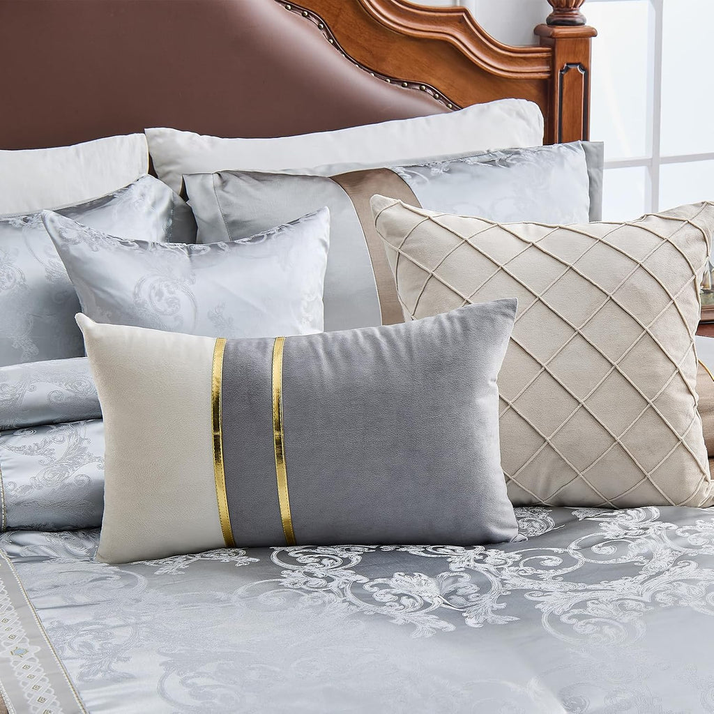 PANGUSHAN 7 Pieces Comforter Set King Size, Luxury Silky Elegant Jacquard Fluffy Reversible Bedding Set with Bed Skirt, Shams and Pillows, Bed in a Bag King, Down Alternative, Silver Gray