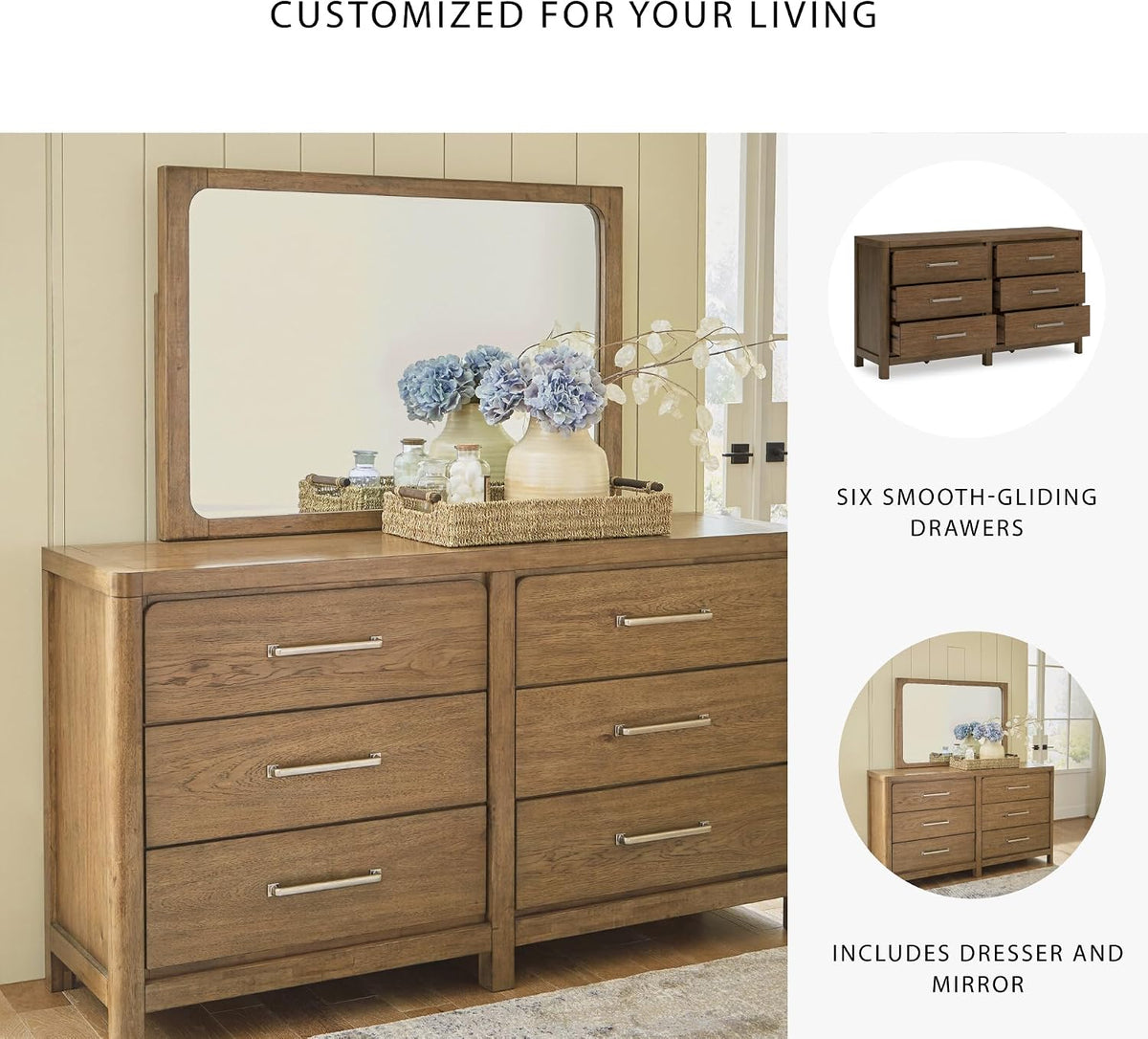 Signature Design by Ashley Cabalynn Modern 6-Drawer Dresser and Mirror with Safety Stop and Felt-Lined Top Drawer, Dark Brown