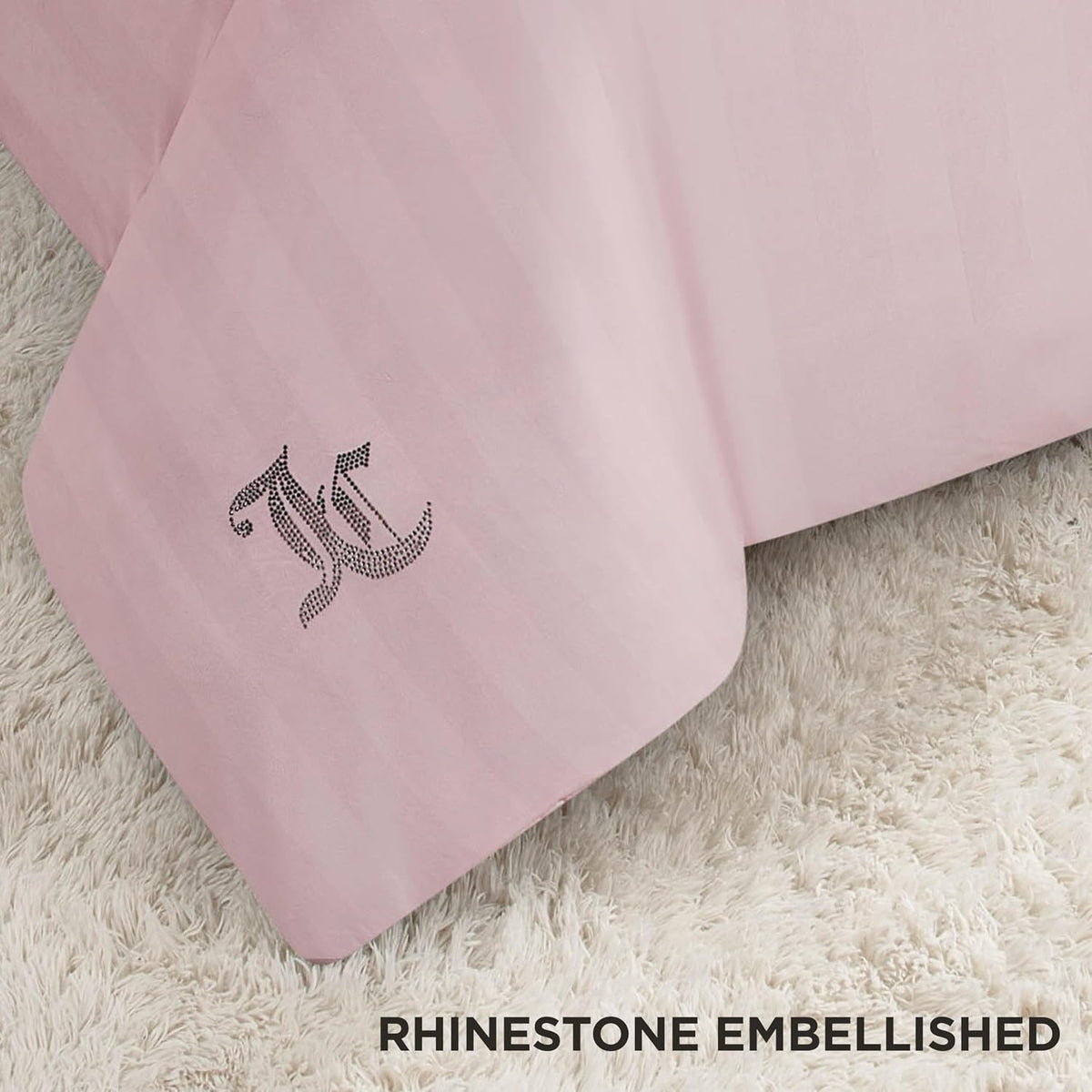 Juicy Couture Jenny Velour Striped Jacquard Queen/Full Size Comforter Bedding Set Ensemble - Pink 3 Piece Set