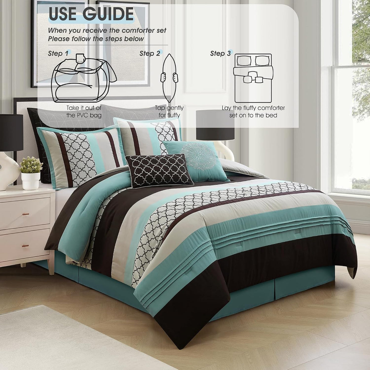 LANCO MODERN LIFESTYLE California King Comforter Set, Aqua Brown Bedding Set, Jacquard Woven with Embroidery, 8 Pieces Bed in a Bag, Bed Skirt, Shams and Decorative Pillows