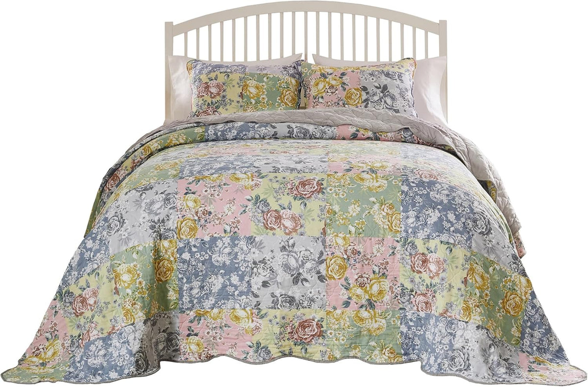 Greenland Home Emma Vintage Style Quilted Bedspread Set, 3-Piece Jumbo Queen, Gray