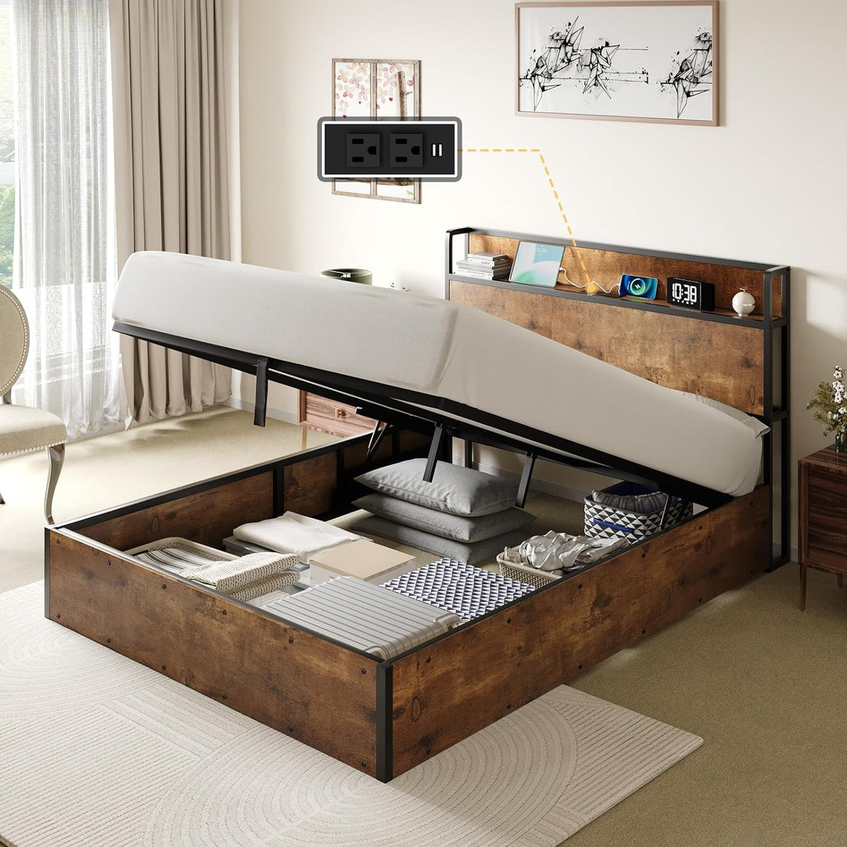 AMERLIFE Full Size Lift Up Storage Bed Frame, Wooden Platform Bed Frame with Lifting Storage & Charging Station, No Spring Box Needed/Noise Free, Rustic Brown