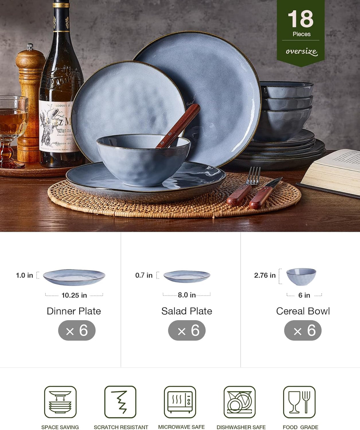 Famiware Ocean Round Plates and Bowls Set, 18 Pieces Dinnerware Sets, Dishes Set for 6, Reactive Glaze, Microwave and Dishwasher Safe, Scratch Resistant, Blue