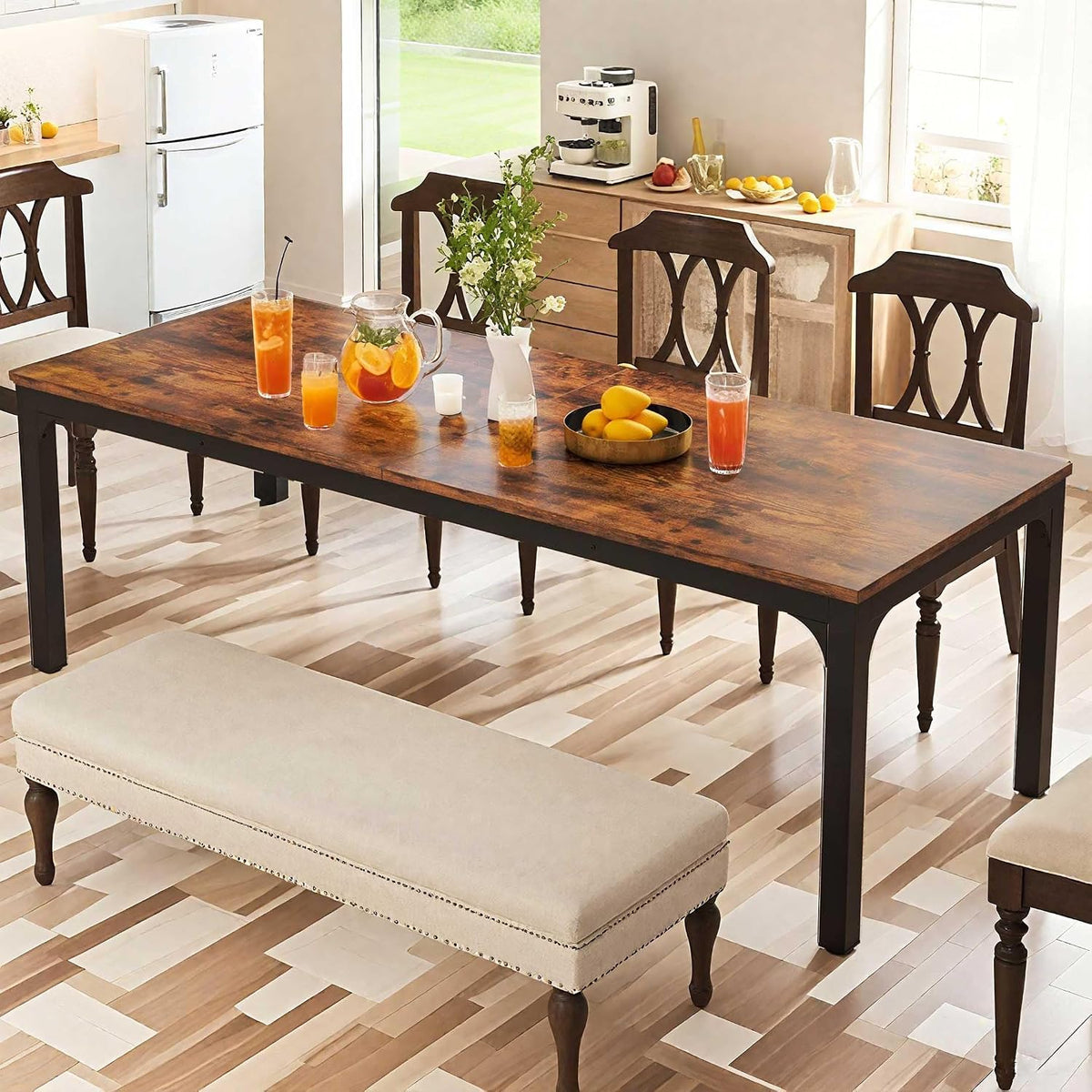 Large Dining Table, 78.7 x 27.6 Inches, Seats 6-8, Rustic Wood Top with Black Metal Frame (Rustic Brown)