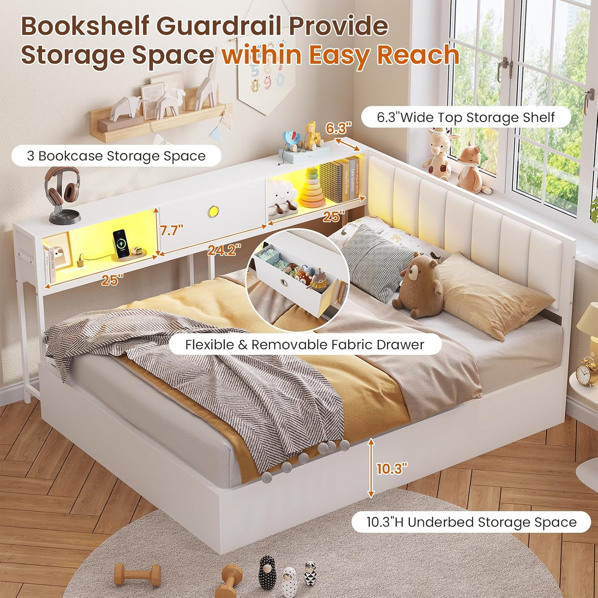 DICTAC Corner Full Bed Frame with Hydraulic Storage,Charging Station & Led Lights Corner Lift up Bed with Storage Drawers & Upholstered Headboard & Bookcase,Full Size Daybed for Teen/Adult,White