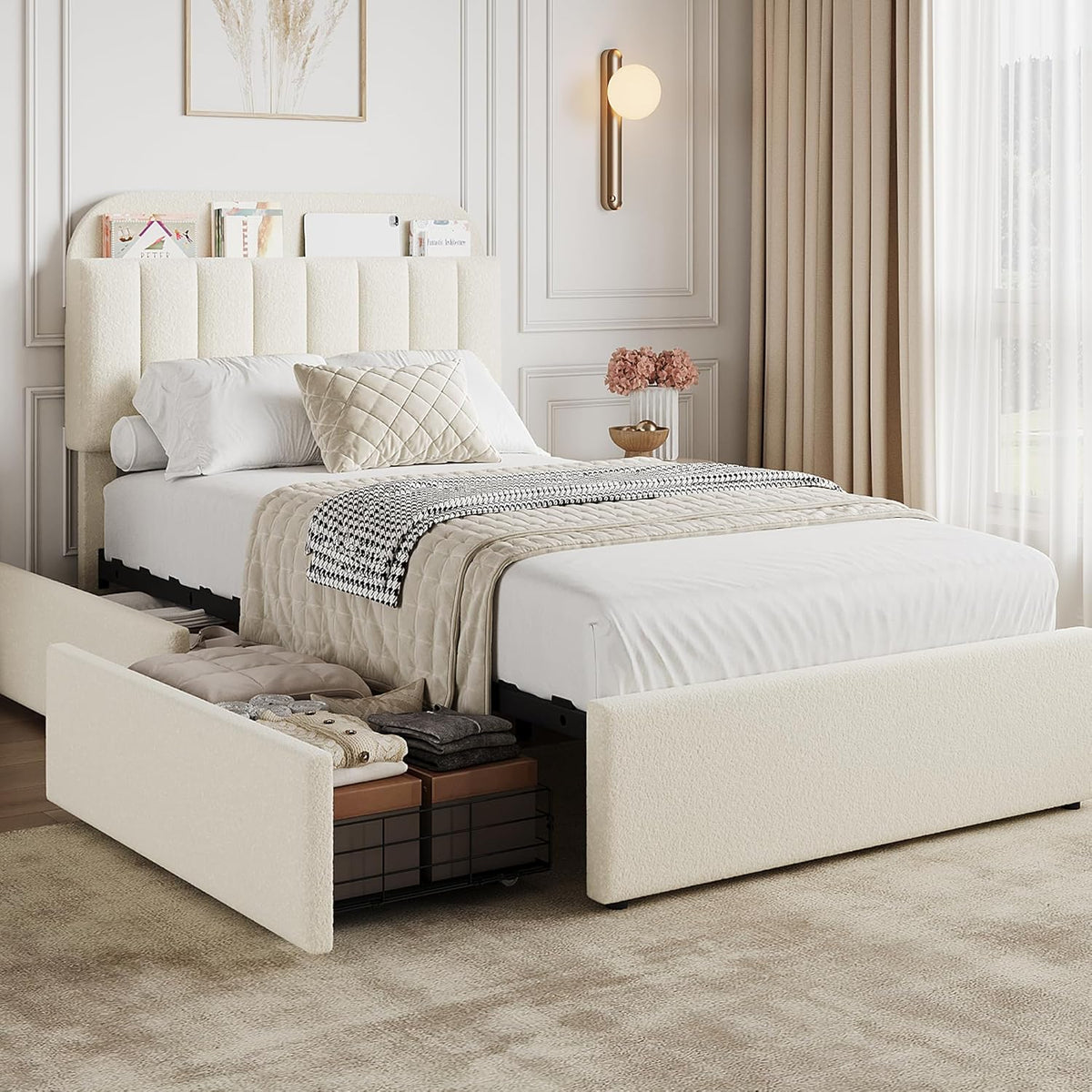 GarveeHome Twin Bed Frame with Storage Headboard, Kids Bed Frame with 2 Drawers, Boucle Upholstered Platform Bed with Bookcase, No Box Spring Needed, Easy Assembly, Ivory White