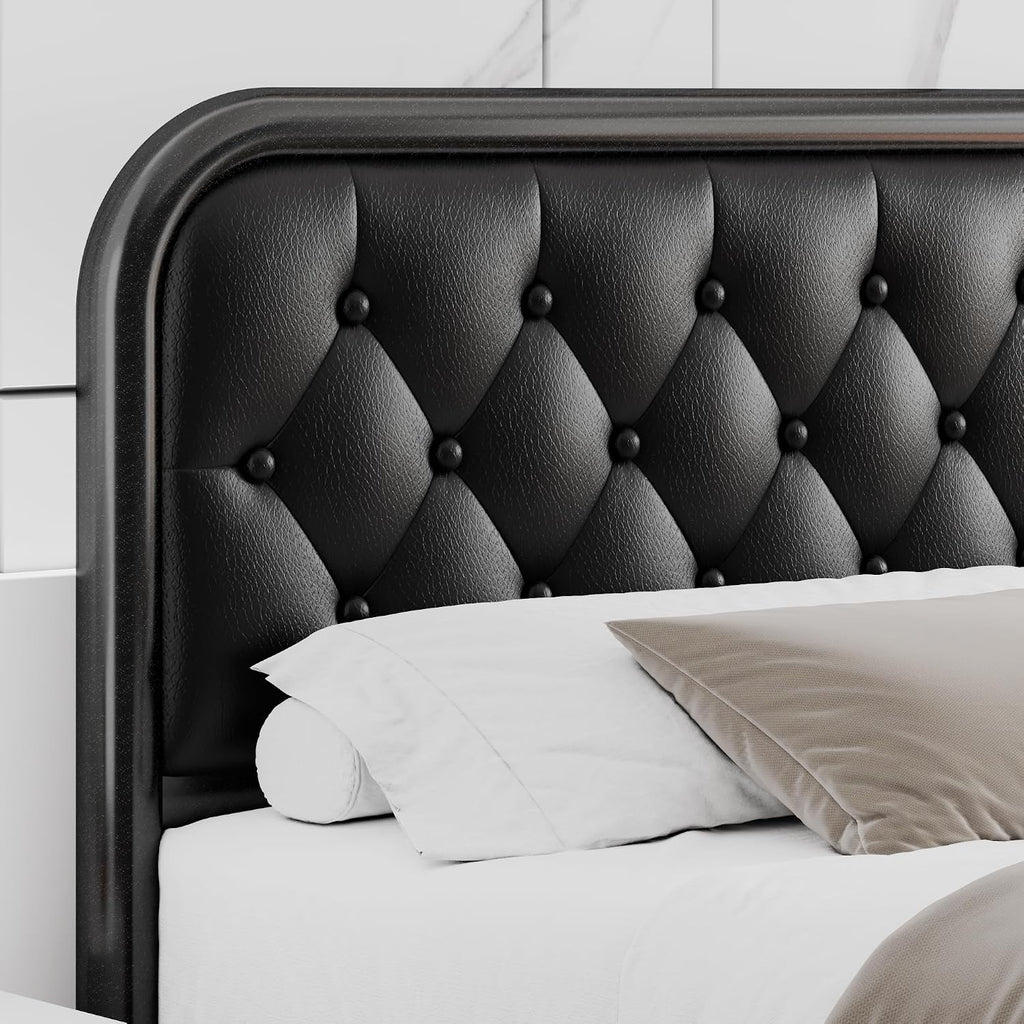 Einhomn Full Size Metal Bed Frame with Button Tufted Leather Upholstered Headboard and Footboard, U-Shape Support Foundation, No Box Spring Required, Black