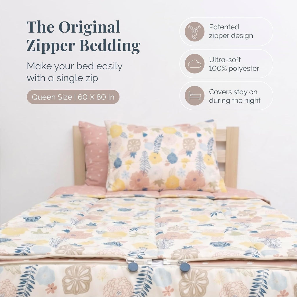 Beddy's Flower Blossoms Durable Zipper Bedding for Kids - Bed in a Bag - Pink Floral Sheets and Comforter - Includes 2 Pillowcases & 2 Shams - Easy to Make & Wash - Queen