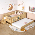 Bellemave Twin Bed with Trundle Twin and Stairs, Twin Size Platform Bed Frame with Fence and Bookshelf, Easy Assemble Beds for Kids, Girls, Boys, Light Natural