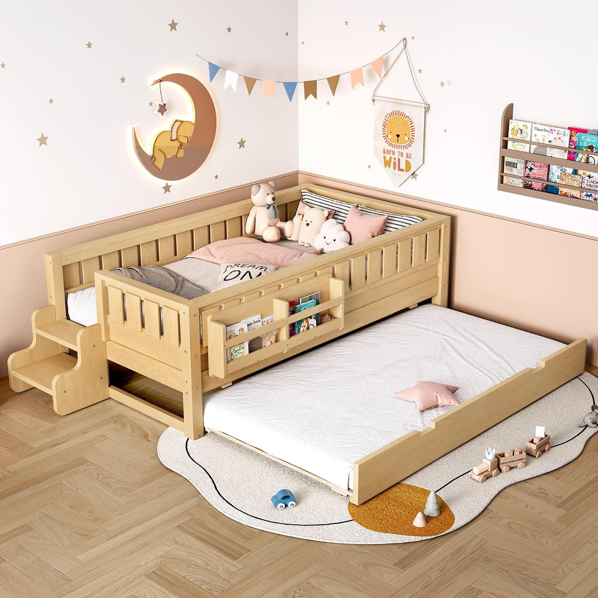 Bellemave Twin Bed with Trundle Twin and Stairs, Twin Size Platform Bed Frame with Fence and Bookshelf, Easy Assemble Beds for Kids, Girls, Boys, Light Natural