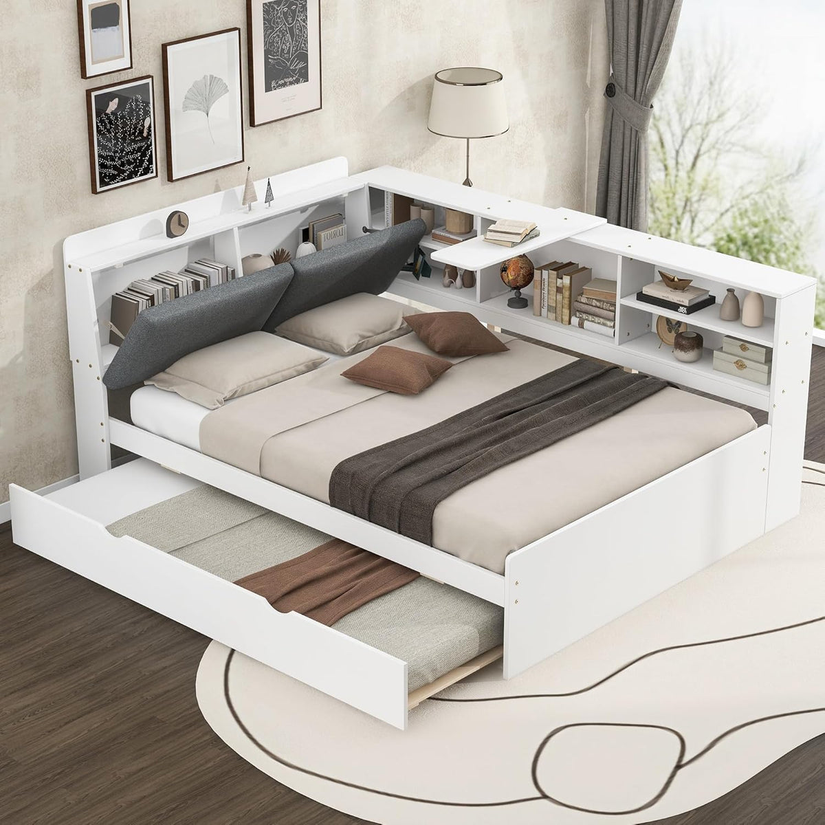 Merax Corner Full Bed Frame, Wood Platform Bed with Storage Headboard, Full Size Daybed with Trundle and Rotatable Storage Board for Living Room,Bedroom,Guest Room,White