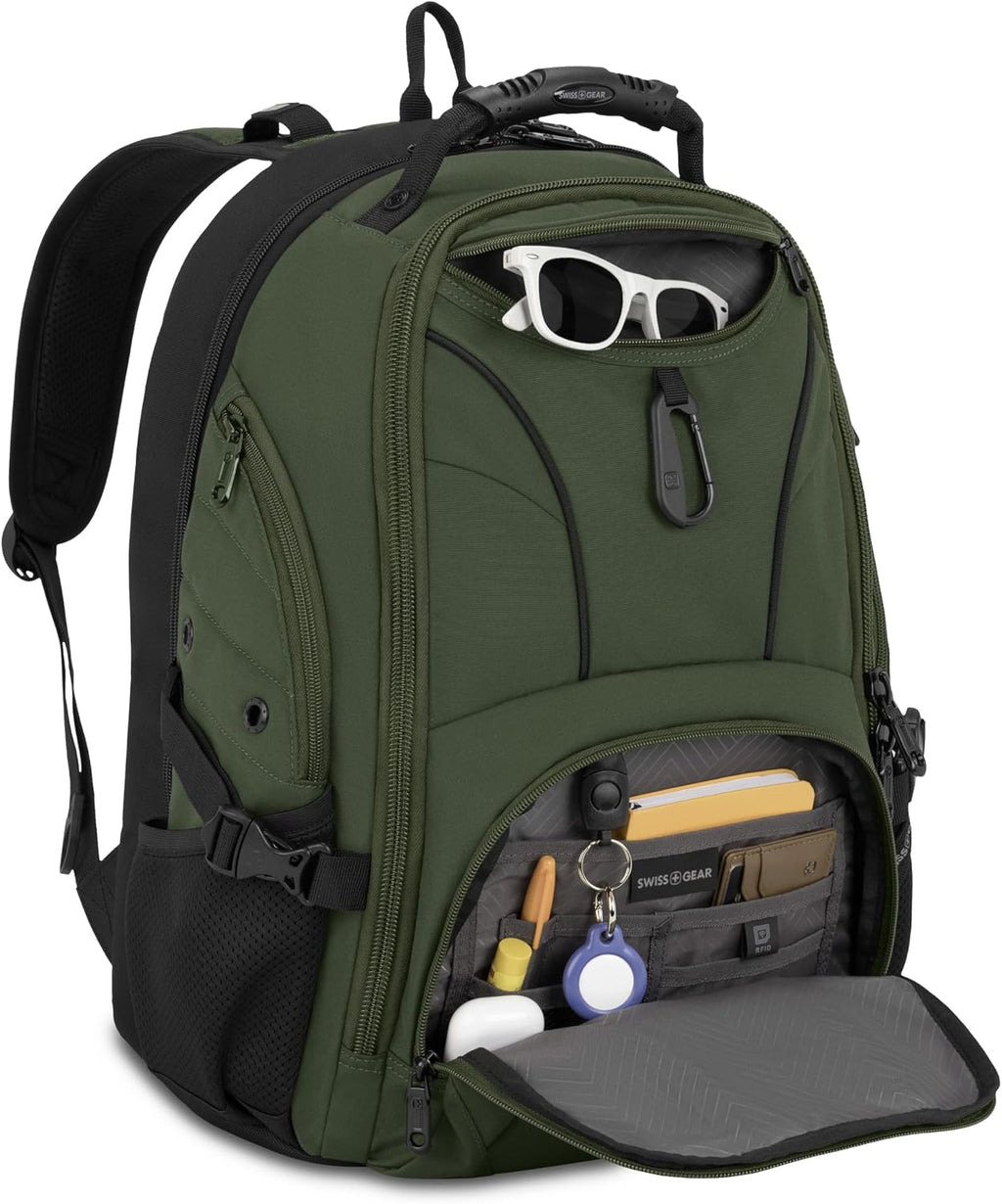SWISSGEAR Sion 2-Piece Travel Set, Softside Expandable Carry-On Spinner Bundled with 1900 ScanSmart 17' Laptop Backpack with RFID Blocking & Tech Organization, Evergreen