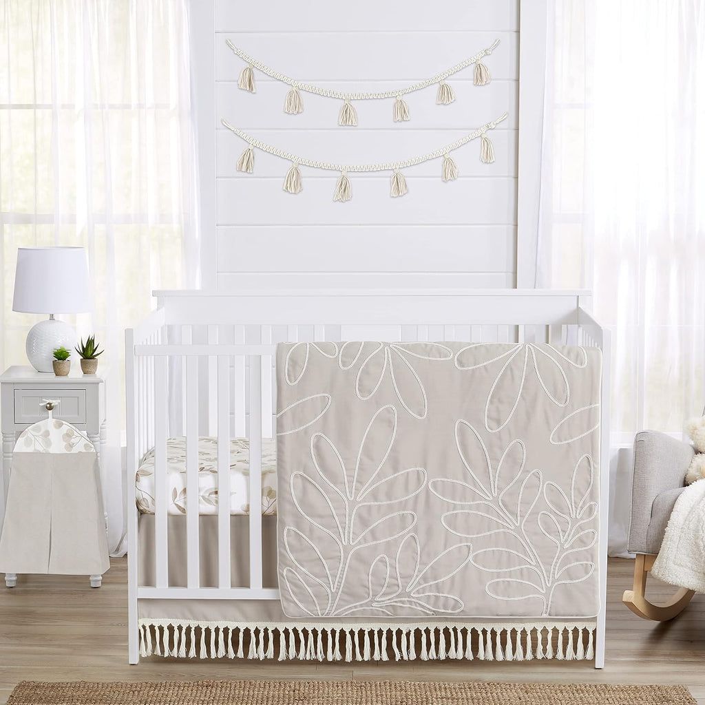 Sweet Jojo Designs 4-Piece Baby Crib Bedding Set (Woodland Boho Leaf) for Girls, Infants/Nursery incl. Blanket, Fitted Sheet, Skirt, Diaper Stacker (Neutral, Taupe, Linen, Botanical Floral, Farmhouse)