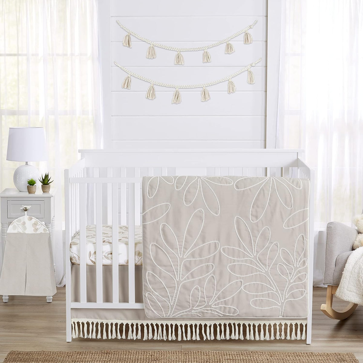 Sweet Jojo Designs 4-Piece Baby Crib Bedding Set (Woodland Boho Leaf) for Girls, Infants/Nursery incl. Blanket, Fitted Sheet, Skirt, Diaper Stacker (Neutral, Taupe, Linen, Botanical Floral, Farmhouse)