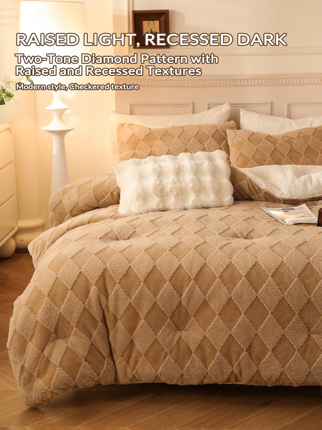 Tufted Fleece Comforter Set King - Super Soft Warm Fluffy Shaggy Bedding Sets, Diamond Plaid Jacquard Bed Set for Winter, 1 Sherpa Comforter with 2 Pillow Cases (104'X90' Beige)