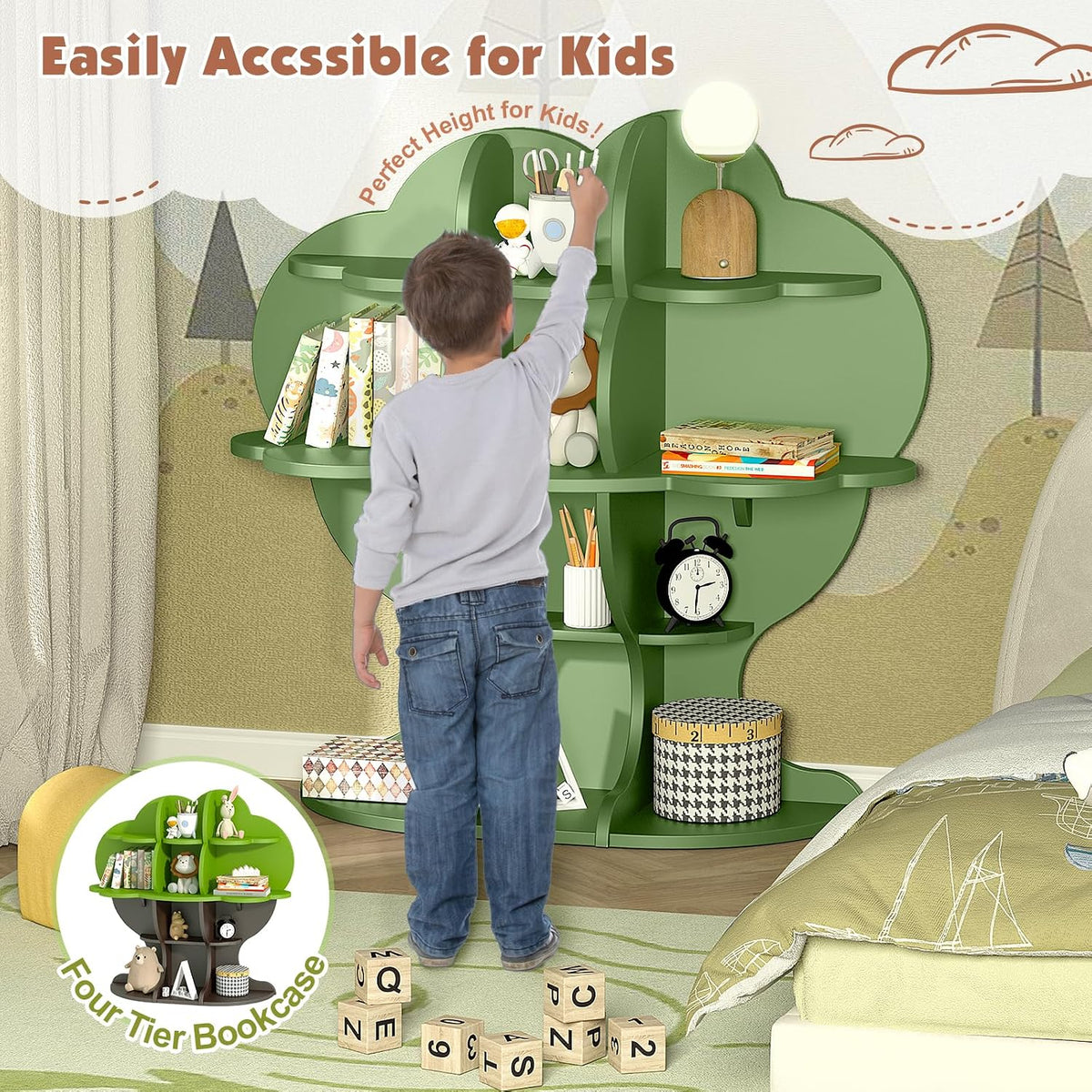 HedoAjim 4-Tier Christmas Tree Kids Bookshelf, Wooden Children Bookcase Toy Storage Organizer for Boys & Girls, Nursery, Playroom, Bedroom
