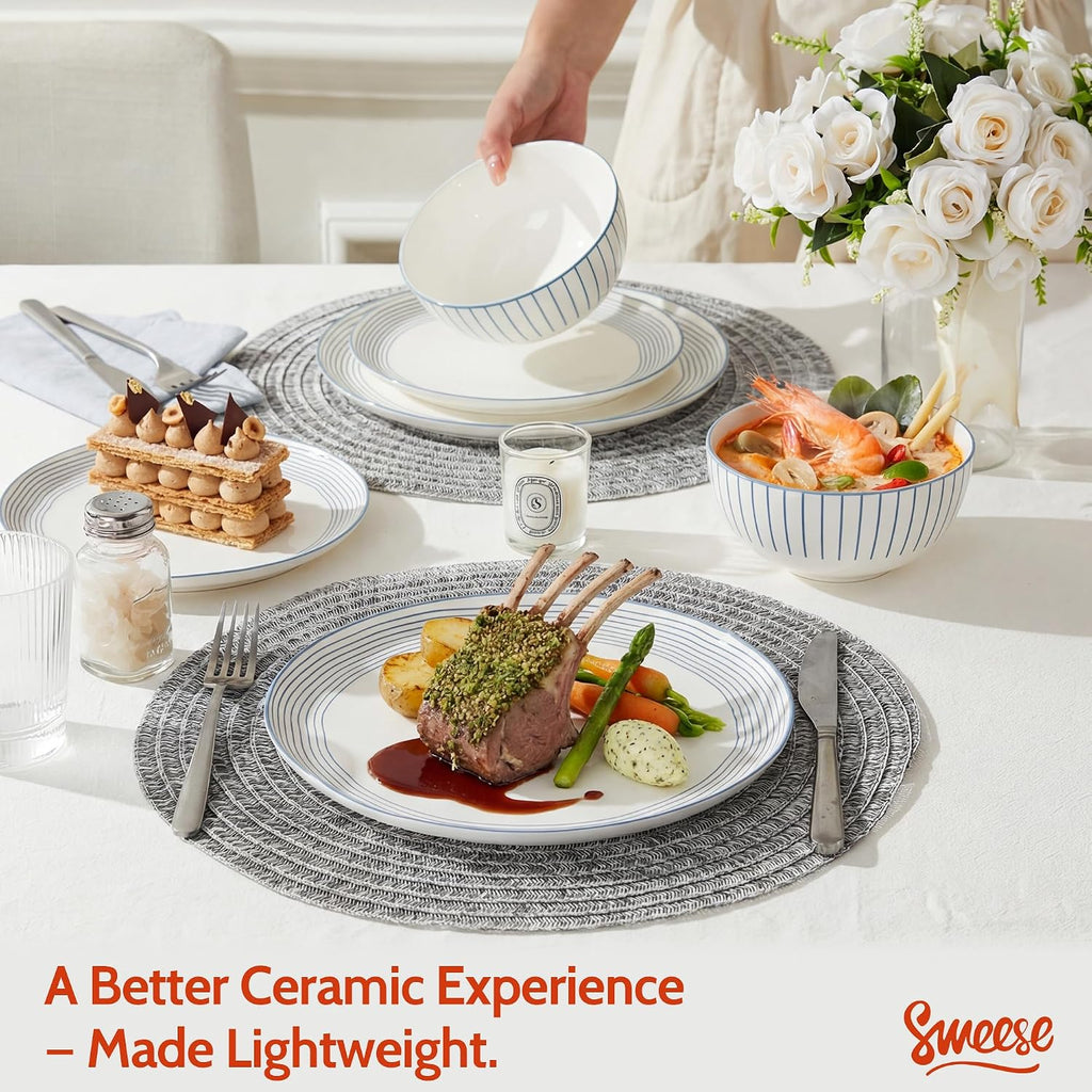 Sweese Lightweight Dinnerware Sets, Plates and Bowls Set for 6, 18 Pieces Stripe Dishes - Chip and Scratch Resistant, Microwave and Dishwasher Safe Porcelain Dinner Sets, Blue