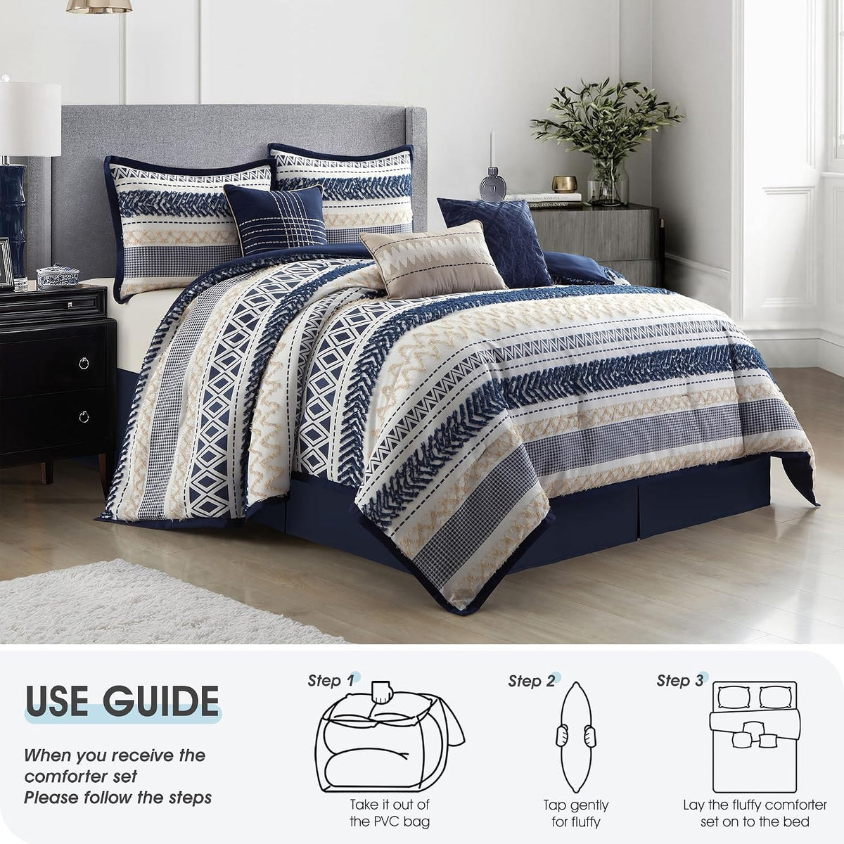 LANCO MODERN LIFESTYLE California King Comforter Set 7 Piece, Navy, Waffle Clipping and Sateen Jacquard Weave, Soft and Lightweight Bedding Set for All Seasons, Bedskirt, Shams and Decor Pillows