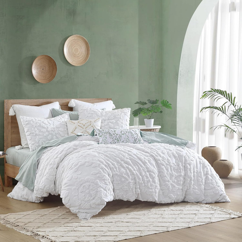 Peri Home 100% Cotton 3-Piece Duvet Cover and Sham Set, Full/Queen, White Chenille Laurel