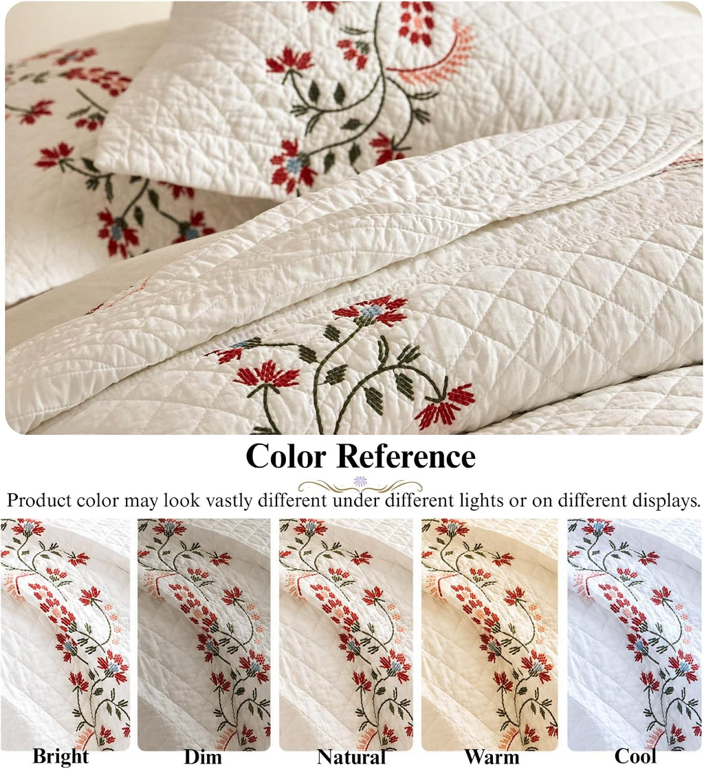 MarCielo 3Pcs Cotton European Folk Embroidered Quilt Bedspread Set Modern Farmhouse Style TC155