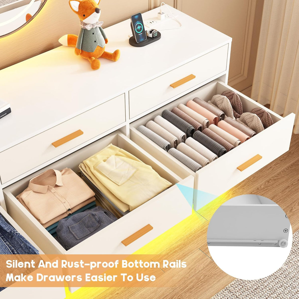 chartustriable White 12 Drawers Dresser w/Power Outlet,60000-Colors Lights for Kids Bedroom,Modern 63In Long Dresser for Closet,Wooden Tall Dressers w/Large Storage for Entryway,Hallway