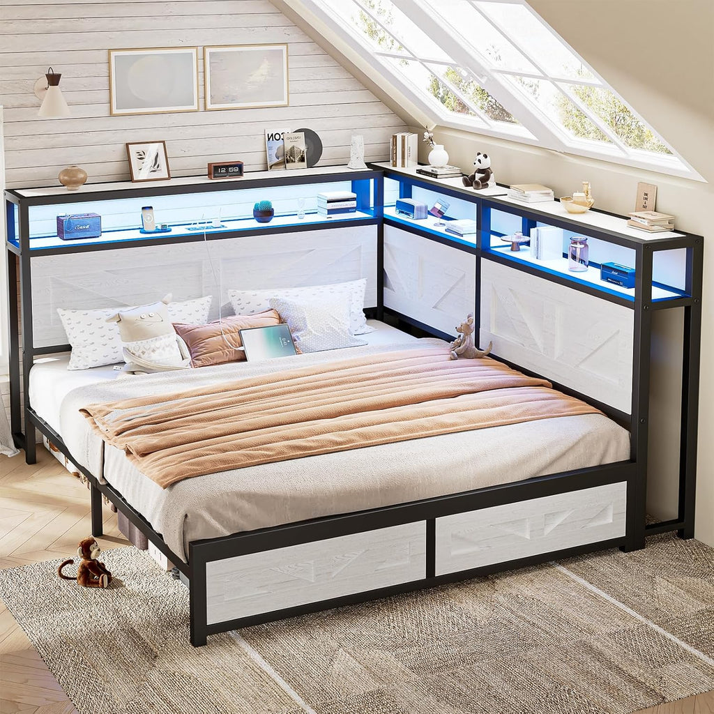 CIKUNASI Corner Full Size Bed Frame with Headboard and Storage Farmhouse Daybed Frame with LED Lights and Charging Station Metal Platform Bed Frame Full Size for Kids Corner Bed